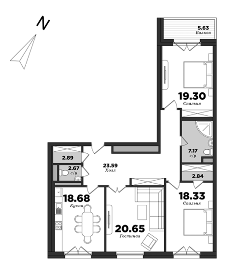 Крестовский De Luxe, Корпус 8, 3 спальни, 118.94 м² | планировка элитных квартир Санкт-Петербурга | М16